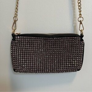Pink rhinestone crossbody purse black with gold chain zipper pocket sequins